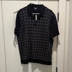 Express Men’s Black Short-Sleeve Polo with Grid Texture